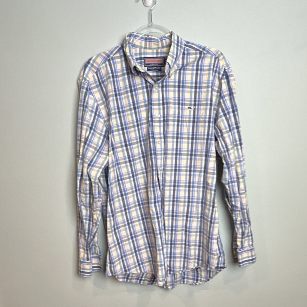 Vineyard Vines Plaid Button-Down Shirt Men's L Blue Yellow Cotton Slim Fit